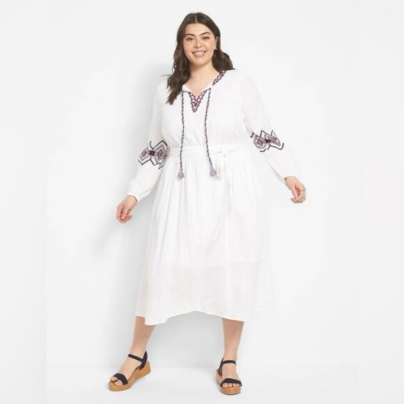 Lane Bryant White Gauze Embroidered Peasant Midi Dress Sz.16W NWT - Picture 1 of 16